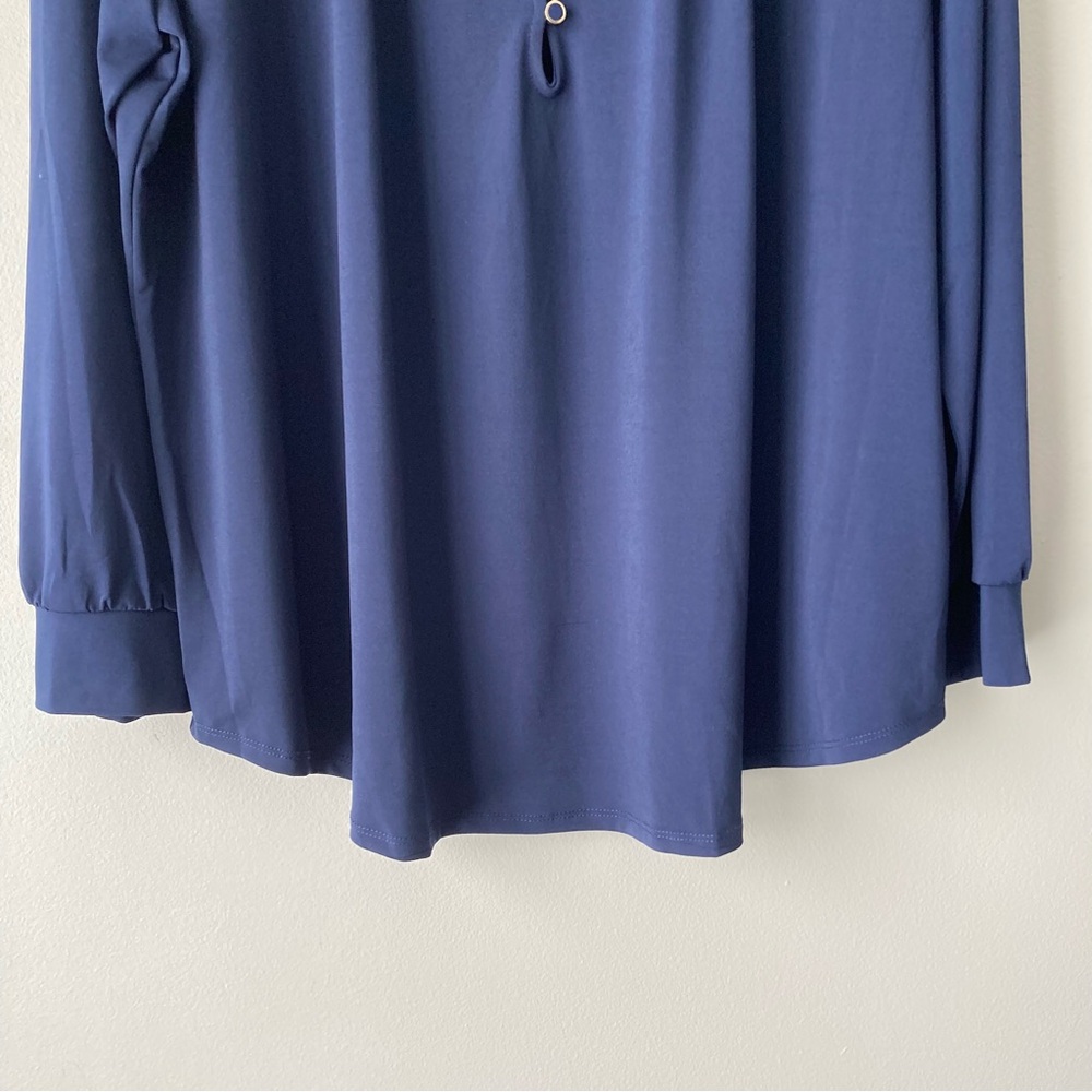 Fortune‎ & Ivy 2X Long Sleeve Ruffle Neck Blouse Top Navy Blue - Picture 3 of 11